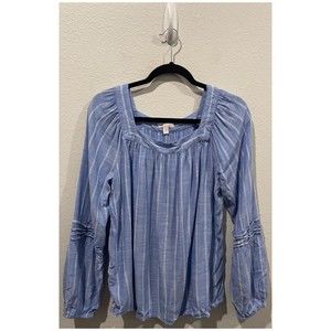 LC LAUREN CONRAD Blue Striped White Square Neck Blouse